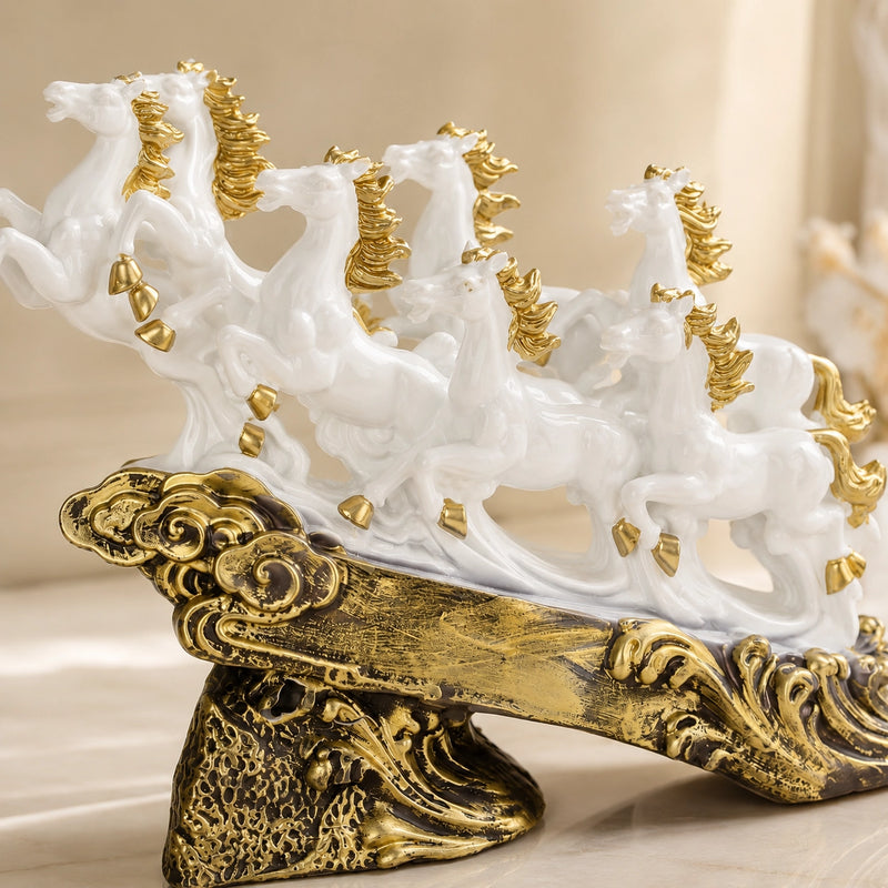 Majestic White & Gold Galloping 7 Horse Sculpture