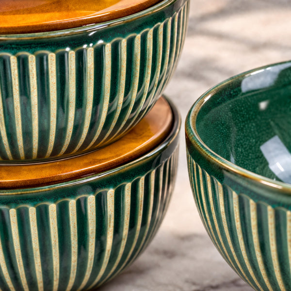 Glam Green Ceramic Bowl Set of 4 with Multipurpose Lids