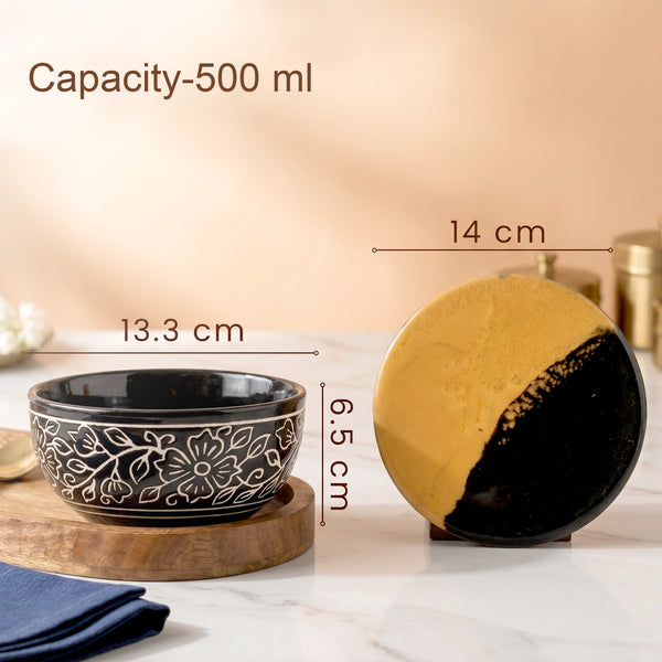 Black Artvine Ceramic Bowl Serving Set – 3 Bowls, 3 Coaster, 3 Spoon and 1 Tray