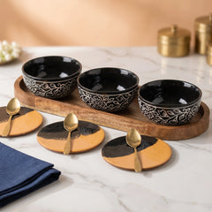 Black Artvine Ceramic Bowl Serving Set – 3 Bowls, 3 Coaster, 3 Spoon and 1 Tray