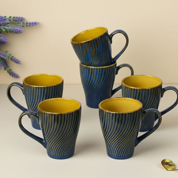 Blue Fusion Wave Ceramic Mugs Set of 6 (300ML) – Microwave Safe