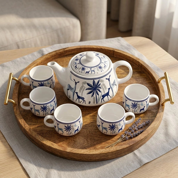 Ceramic Stag Blue Morning Tea Set - 6 Tea Cups, 1 Kettle