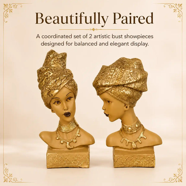Artistic African Lady Sculptural Bust Pair – Decorative Gold Statues Set of 2