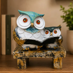 Wisdom & Learning Owl Pair Sculpture on Rustic Bench