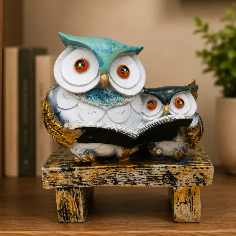 Wisdom & Learning Owl Pair Sculpture on Rustic Bench