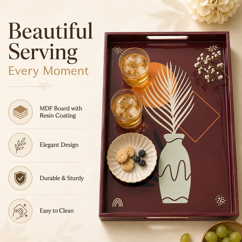 Brown Abstract Botanica Wooden Serving Tray Set of 3