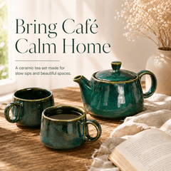 Green Glaze Ceramic Tea Set | Kettle & 2 Cups (400ml)