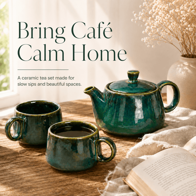 Green Glaze Ceramic Tea Set | Kettle & 2 Cups (400ml)