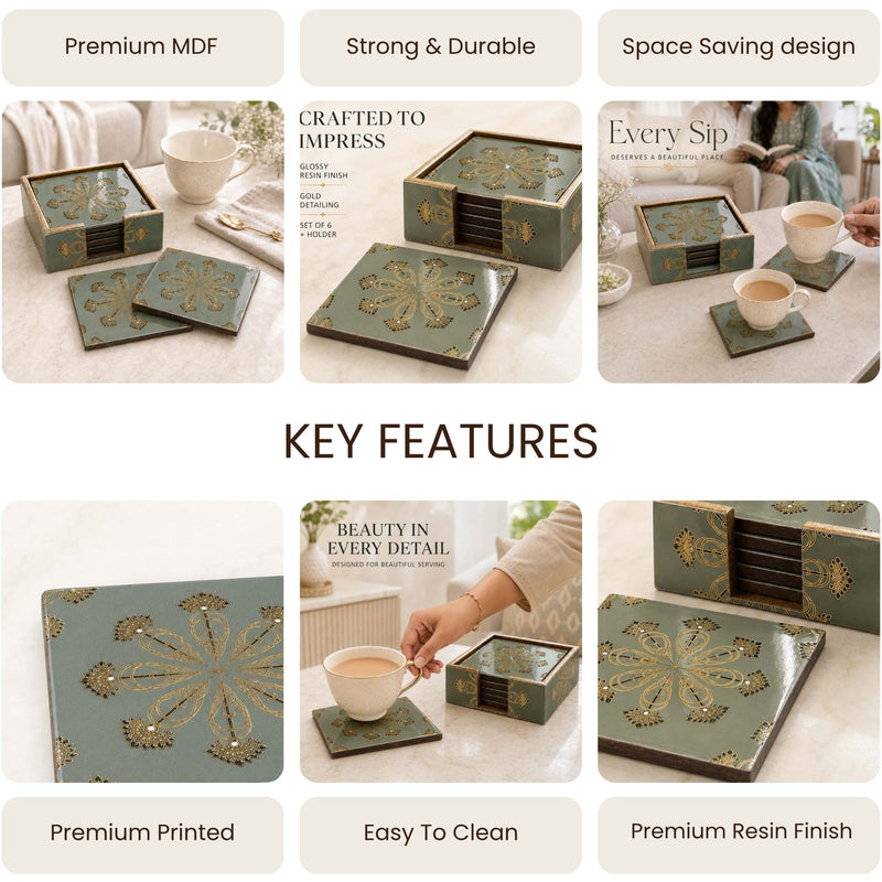 Emerald Heritage Wooden Coaster Set of 6 with Holder