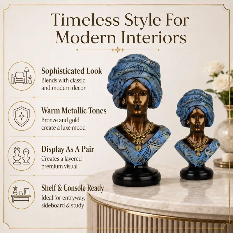 Majestic Bronze & Blue Sculptural Bust Pair (Set of 2)