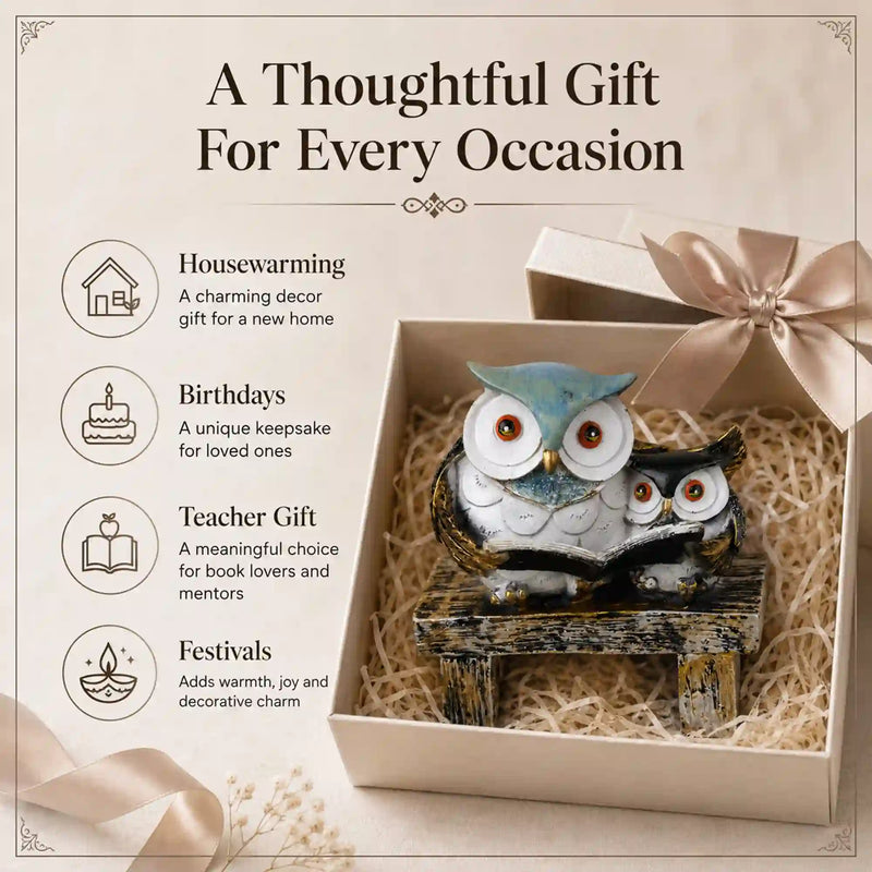 Wisdom & Learning Owl Pair Sculpture on Rustic Bench