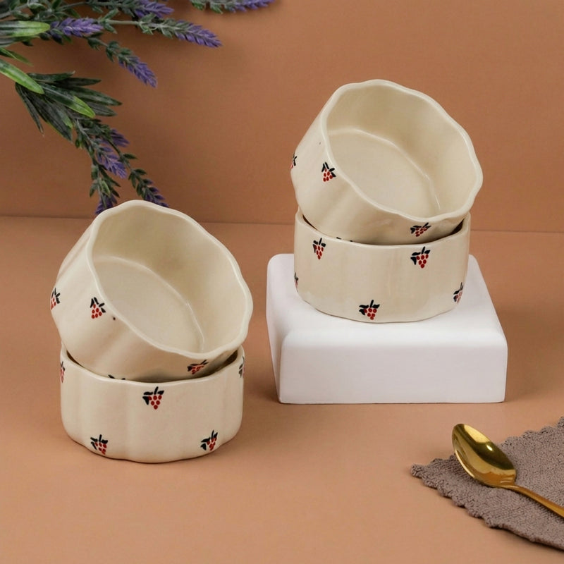 Cream Grapes Ceramic Vegetable Bowl Set of 4 (250ML)