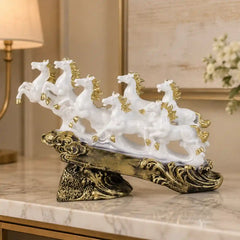 Majestic White & Gold Galloping 7 Horse Sculpture