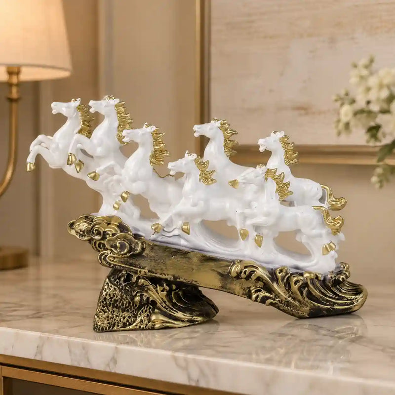 Majestic White & Gold Galloping 7 Horse Sculpture