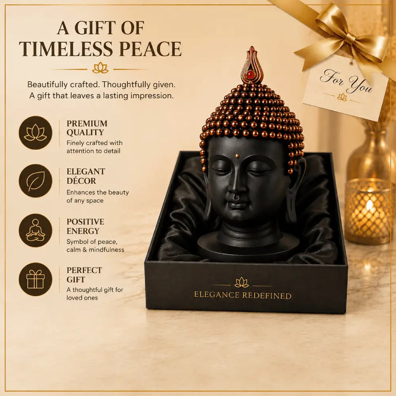 Serenity Buddha Head Sculpture – Matte Black & Copper