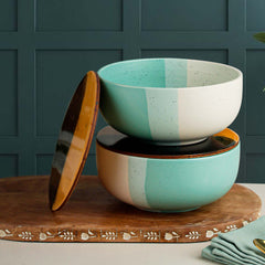 Green Matte Ceramic Bowl Set of 2 – 500ML with Lid