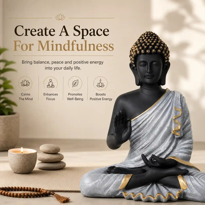 Meditating Buddha Statue in Premium Black & Silver with Gold Accents