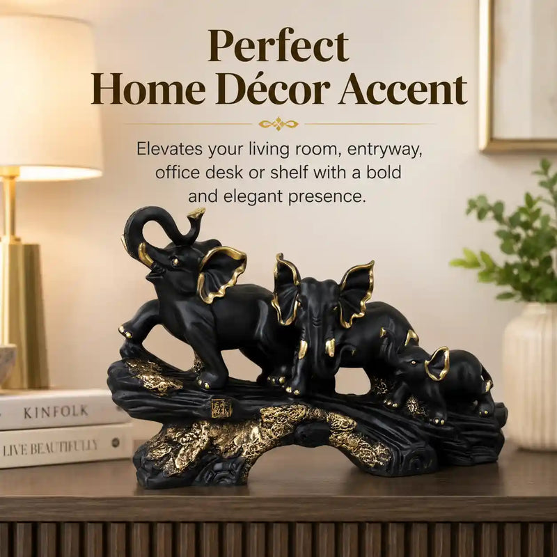 Majestic Black & Gold Elephant Family Sculpture