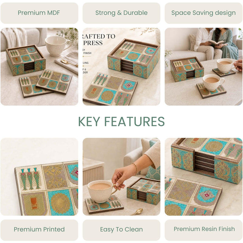 Mughal Heritage Wooden Coaster Set of 6 with Holder