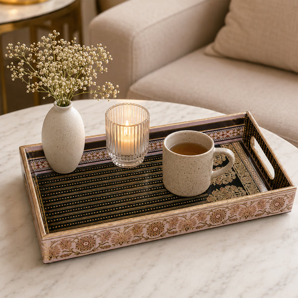 Royal Heritage Black & Gold Wooden Serving Tray Set of 3
