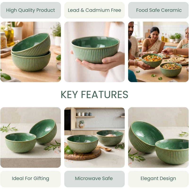 Glam Green Ceramic Serving Bowl Set of 2