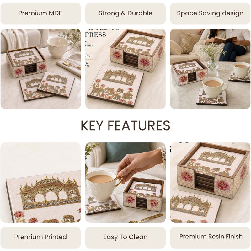 Regal Elephant Wooden Coaster Set of 6 with Holder