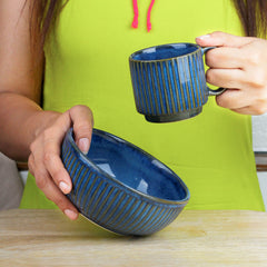 Glam Bue Ceramic 2 Snack Bowl & 6 Tea Cup Combo