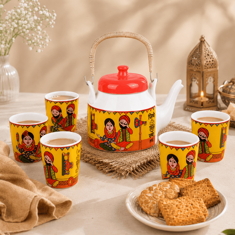 Traditional Punjabi Ceramic Tea Set – “Jitthe Tea Utthe Me” Kettle with 6 Tea Glasses