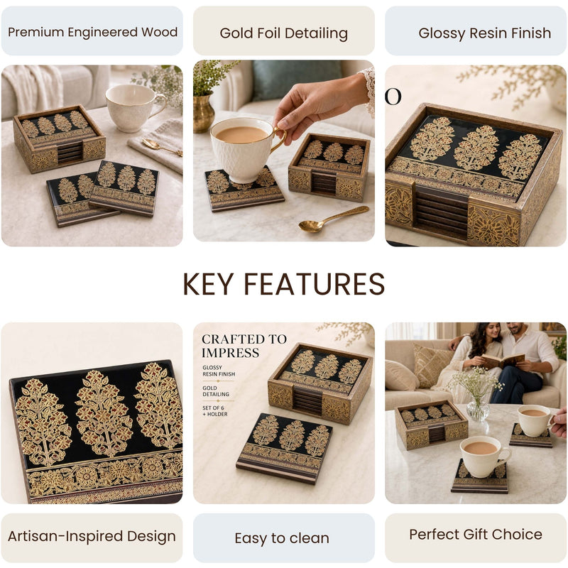 Royal Heritage Wooden Coaster Set of 6 with Holder
