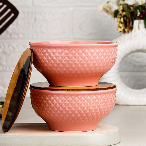 Pink Star Ceramic Bowl Set of 2 – 580ML with Lid