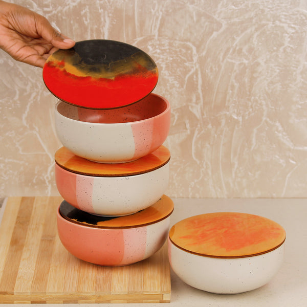 Tritone Pink Matte Ceramic Bowl Set of 4 – 500ML with Lid