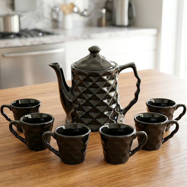 Black Diamond Ceramic Tea Set with Kettle & 6 Cups