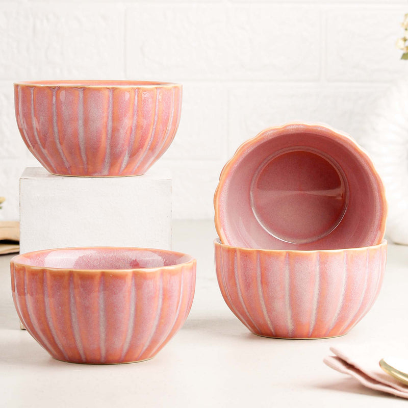 Pink Ribbed Ceramic Snack Bowl Set of 4 – 320ML