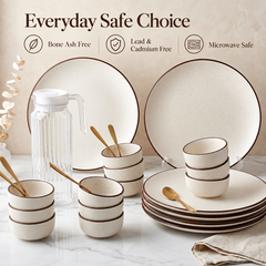 Creme Ceramic Dinner Set (25 Pieces) Service for 6 with 6 Dinner Plates, 12 Bowls, 6 Spoons & 1 Jug
