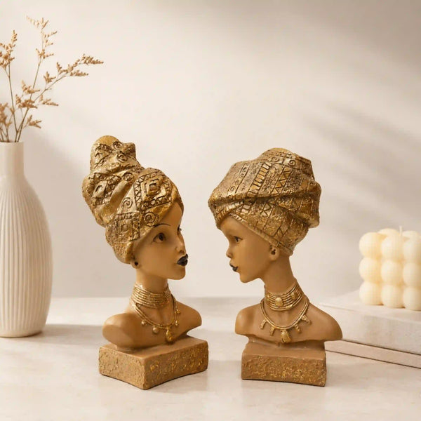 Artistic African Lady Sculptural Bust Pair – Decorative Gold Statues Set of 2