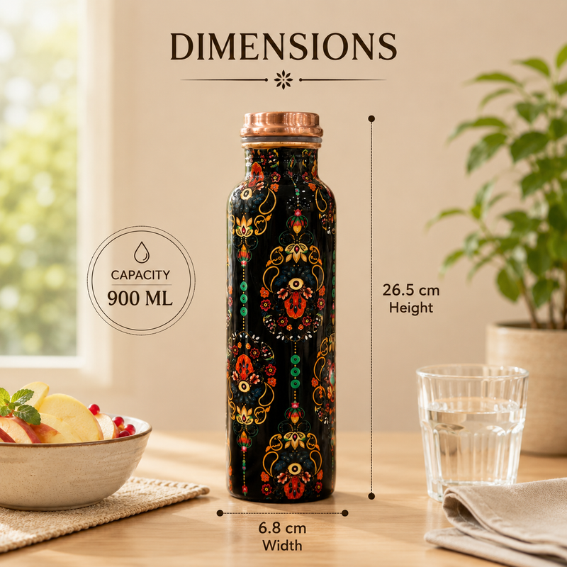 Himalayan Village Copper Water Bottle | Kashmiri Floral Art | 900ml