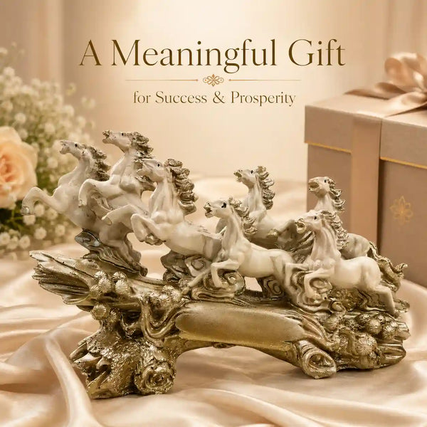 Victorious Galloping 7 Horse Sculpture | Ivory & Champagne Gold