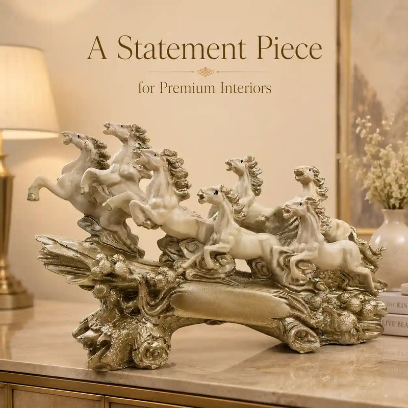 Victorious Galloping 7 Horse Sculpture | Ivory & Champagne Gold