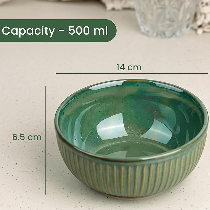 Glam Green Ceramic Bowl Set with Wooden Lids (4 Pcs)