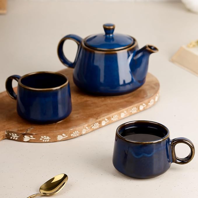 Premium Navy Blue Glaze Ceramic Tea Set | Kettle & 2 Cups