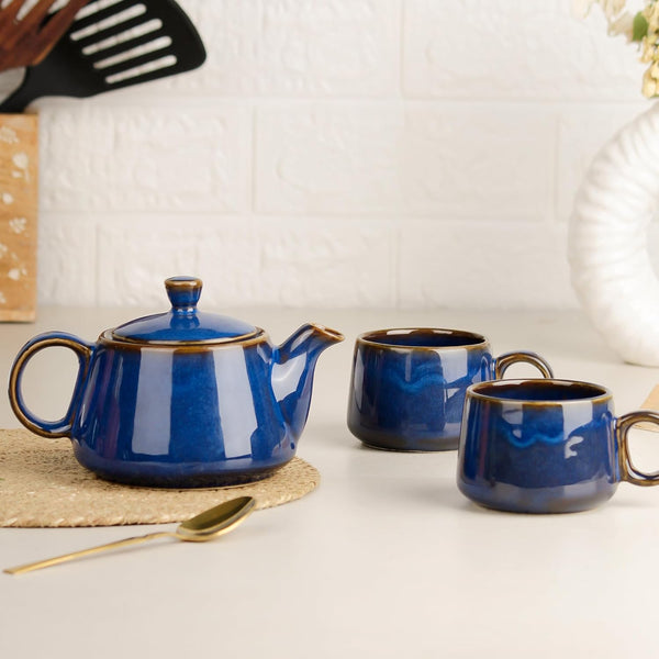 Premium Navy Blue Glaze Ceramic Tea Set | Kettle & 2 Cups