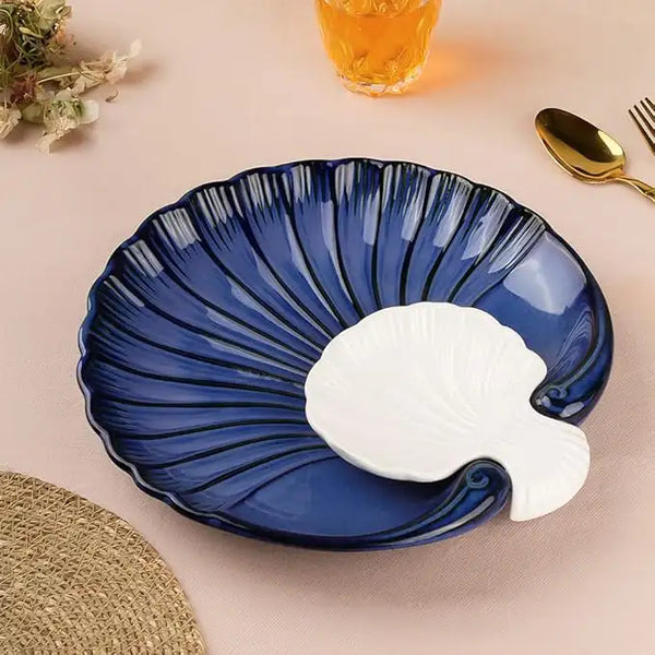 Blue Sea Shell Ceramic Chip and Dip Serving Platter