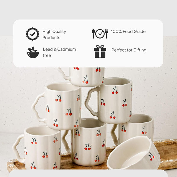 Cream Coffee Mug Set of 6 with Cherry Ceramic Bowl Set of 2