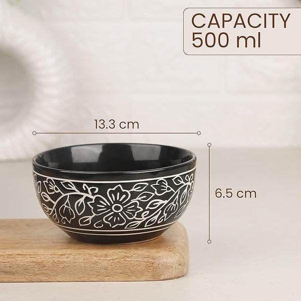 Black Artvine Ceramic Bowl Set with Wooden Lids (4 Pcs)