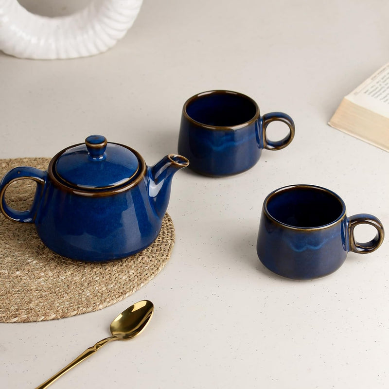 Premium Navy Blue Glaze Ceramic Tea Set | Kettle & 2 Cups