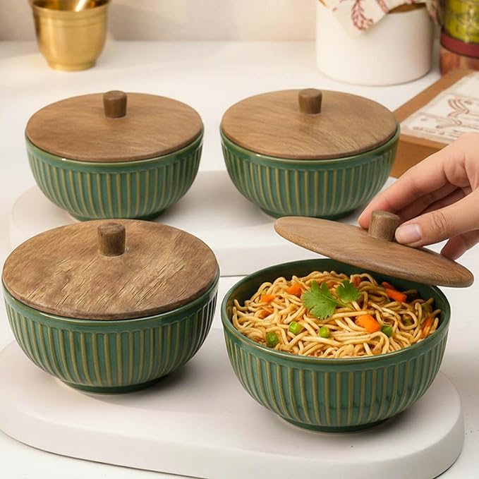 Glam Green Ceramic Bowl Set with Wooden Lids (4 Pcs)