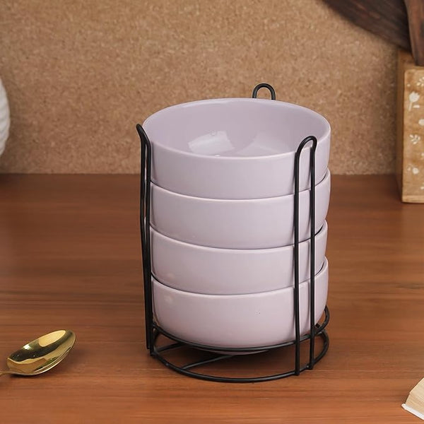 Solid Lavender Ceramic Bowl Set of 4 with Metal Stand
