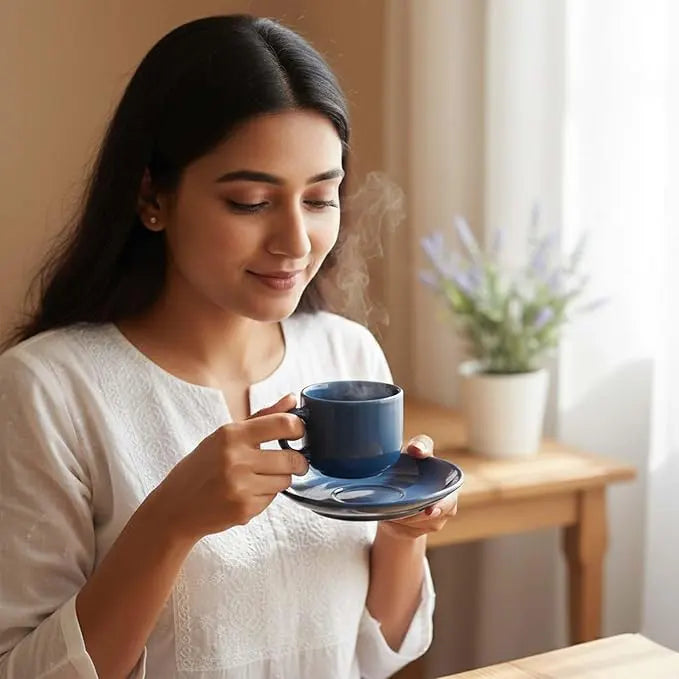 Solid Teal Blue Ceramic Tea Cup and Saucer Set