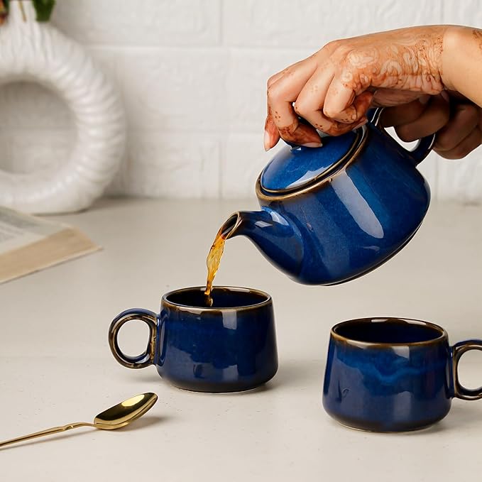 Premium Navy Blue Glaze Ceramic Tea Set | Kettle & 2 Cups