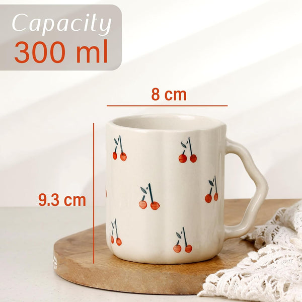 Cream Coffee Mug Set of 6 with Cherry Ceramic Bowl Set of 2